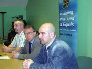 Paddy Larkin and Gerry McCann are pictured with Sinn Féin MLA Michael Ferguson (centre) at a press conference highlighting the PSNI's attempts to recruit people as informers.