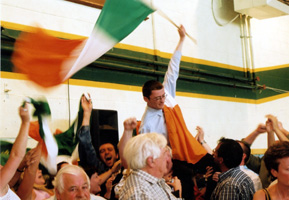 David Cullinane, who polled so well in the South EU constituency, celebrates his election to Waterford City Council with supporters