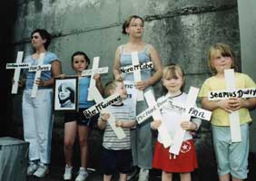 A protest in West Belfast last year highlights some of the victims of plastic bullets