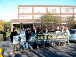 Sinn Féin members protested on Saturday 13 November outside Ringsend Technical College in Dublin, where MC O'Sullivans were holding a 'sell the incinerator' meeting