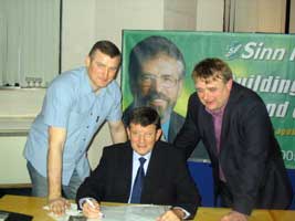 Pat Doherty (centre) with Cllr Jarlath McNulty, chair of Strabane District Council, and Cllr Seán Clarke, chair of Omagh District Council