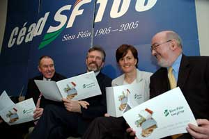 Mitchel McLaughlin, Gerry Adams, Caitríona Ruane and Caoimhghín Ó Caoláin at the launch of the Green Paper campaign