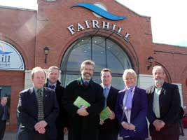 Gerry Adams with local election candidates outside Fairhill Shopping Centre in Ballymena