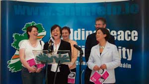 Michelle Gildernew, Caitríona Ruane, Bairbre de Brún, Mary Lou McDonald and Gerry Adams share a joke at the launch of the party's women's mini-manifesto