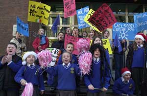 Gaelscoil pupils protest outside the EU offices in Dublin