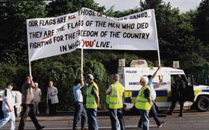 Loyalists sending out a message to nationalist residents. It reads: "Our flags are not those of murder gangs. They are flags of the men who died fighting for their country in which you live."