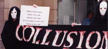 Collusion is highlighted in a theatrical manner