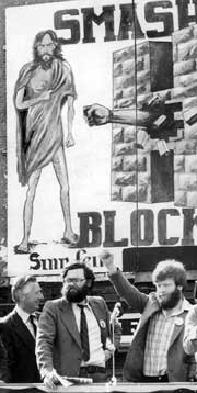The first Blanketman, Kieran Nugent (right), at a Smash H-Blocks rally in Belfast after his release in 1980. Standing on the platform alongside him (centre) is Sinn Féin's Tom Hartley