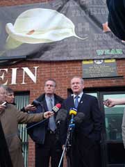 Martin McGuinness and Gerry Kelly, Falls Road, Sinn Féin Constituency Office, outlining the party's position before the meeting with Tony Blair