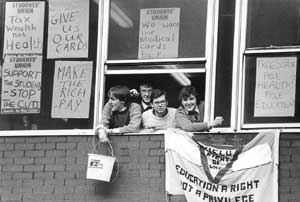 Say it aint so Joe, 1 February 1984, Comrade Joe Duffy (glasses and Aran jumper) occupying social welfare offices as part of the campaign for medical cards for students