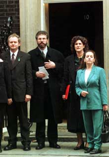 Siobhán O'Hanlon (right) on the first Sinn Féin delegation to meet the British Prime Minister in Downing Street also pictured,  Martin McGuinness, Gerry Adams and Lucilita Bhreathnach, 11 December 1997