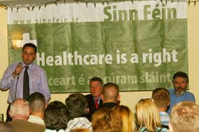 Felix Gallagher addresses a packed out hall in Dublin West