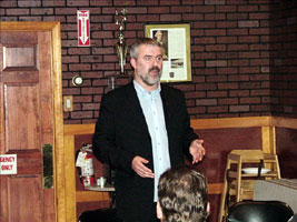 Seán Oliver speaking in Providence, Rhode Island