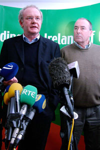 Martin McGuinness and Mitchel McLaughlin speaking to the press following a meeting of the Sinn Féin Officer Board last Tuesday