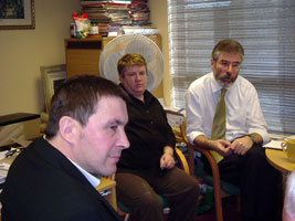 Arnaldo Otegi, leader of the Basque party Herri Batasuna, Sue Ramsey and Gerry Adams meet in the Sinn Féin headquarters, Belfast, on Monday 12 February