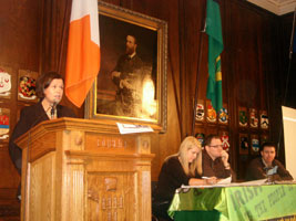 Mary Lou McDonald addressing Dublin Sinn Féin’s Annual General Meeting in the Mansion House last Saturday