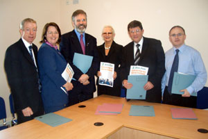 Michelle Gildernew, Gerry McHugh, Gerry Adams, Clair McGill, Pat Doherty and Barry McElduff at the launch in Omagh