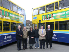 Sinn Féin’s Week of Action on Transport was launched on Tuesday when the party presented bus side election posters at the Dublin Bus Phibsboro Garage