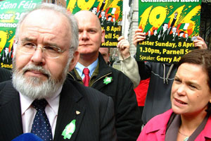 Head of Sinn Féin’s National Commemoration Committee Francie Molloy and Mary Lou McDonald outside Leinster House announcing details for more than 100 Easter commemorations