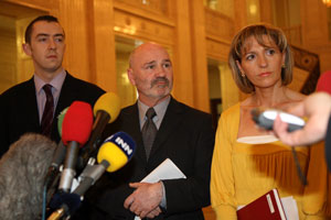 Daithí McKay, Alex Maskey and Martina Anderson speaking to Press at Stormont