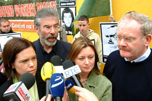 Mary Lou McDonald, Gerry Adams Joanne Spain and Martin McGuinness speaking to the media after James Connolly/Francis Hughes commemorative event outside Liberty Hall, Saturday 12 May