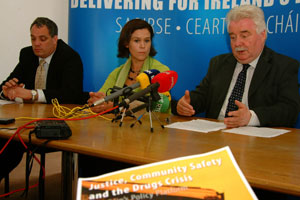 Aengus O Snodaigh speaking at the drugs Press Conference with Mary Lou McDonald and Larry O’Toole