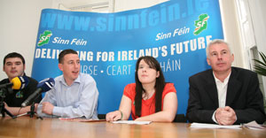 Barry McColgan, Shaun Tracey, Caoimhe Ní Swain and Seán Crowe at the launch of Sinn Féin's youth manifesto