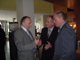 Seán Murray and Martin McAleese with UDA South Belfast Brigadier Jackie McDonald at the Belfast Reconciliation Network launch in the Radisson Hotel