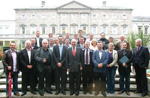 Pearse Doherty with Sinn Féin TDs and Councillors outside Leinster House on the day they voted in the Seanad election