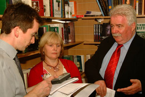 Sinn Féin Councillors Críona Ní Dhálaigh and Larry O’Toole talking to the media after the meeting