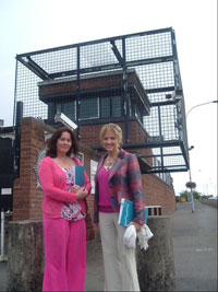 Jennifer McCann and Martina Anderson outside Dunmurray Barracks