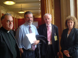 Fr Aidan Troy (Ardoyne), Gerry Adams, Dan Neville Fine Gael TD for Limerick West and President of the Irish Association of Suicidology and Sinn Féin MLA Caral Ní Chuilin at the Sinn Féin organised conference on suicide