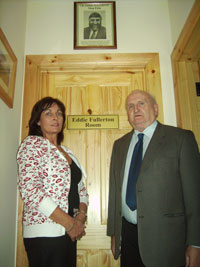 Susan Fullerton, sister of Donegal Sinn Féin Councillor Eddie Fullerton, who was murdered by pro-British elements in 1991, with former Councillor Jim Ferry outside a room in the new centre named in honour of Eddie Fullerton