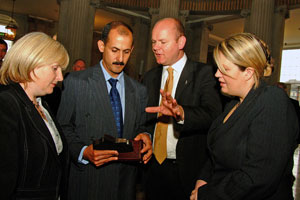 Sinn Féin Councillors Críona Ní Dhálaigh, Daithí Doolan and Louise Minahan making the presentation to Cuban Ambassador, Noel Carrillo
