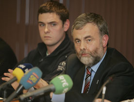 Agency worker Conor O'Gorman with SIPTU General President Jack O'Connor, at the Liberty Hall launch of the Campaign for Justice for Agency Workers