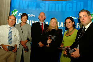 Sinn Féin Equality Officer Helen McCormack (second left) with Councillors Ray McHugh, Daithí Doolan and Louise Minihan alongside Mary Lou McDonald MEP and Aengus Ó Snodaigh TD at the Dublin City Council debate on domestic violence