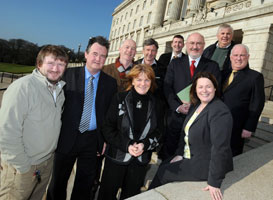 Sinn Féin Agriculture Minister Michelle Gildernew with the delegation of turkey growers, supported by broiler and pig producers and accompanied by Sinn Féin TD Caoimhghín Ó Caoláin and Councillor Pat Treanor at Stormont