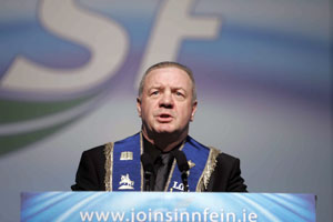 ‘No surrender to collusion!’: Raymond McCord Snr, wearing his father’s Orange Order sash, addresses the Sinn Féin Ard Fheis about RUC collusion with the UVF death squad that murdered his son