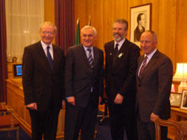 The North’s Deputy First Minister Martin McGuinneess, Taoiseach Bertie Ahern, Sinn Féin President Gerry Adams and Minister Dermot Ahern at the meeting on Monday