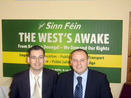 THE WEST’S AWAKE: Senator Pearse Doherty and Councillor Pádraig Mac Lochlainn at the Donegal launch