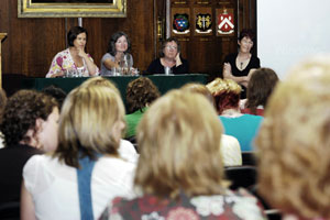 MANSION HOUSE: Mary Lou McDonald MEP, Women’s Aid Director Margaret Martin, former MEP Marianne Eriksson and Dr Ailbhe Smyth