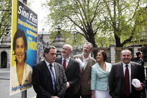 LAUNCH — Aengus Ó Snodaigh, Caoimhghín O Caoláin, Gerry Adams, Mary Lou McDonald and campaign director Pádraig Mac Lochlainn before the press conference on Monday