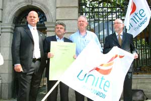 LAUNCH: Daithí Doolan, Arthur Morgan TD, Unite the Union’s Jimmy Kelly and Jerry Shanahan at Leinster House to unveil Sinn Féin’s new Bill for trade union rights