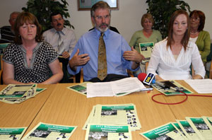 Briege Voyle, Gerry Adams and Carmel Quinn at Wednesday’s press conference