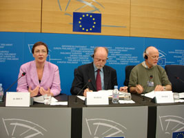 Bairbe de Brún MEP at a press conference in Strasbourg on Tuesday with French and Dutch colleagues Francis Wurtz and Erik Meijer from the GUE/NGL group to which Sinn Féin is affiliated