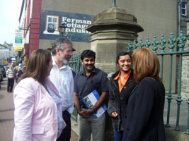 MEETING AND GREETING: Sinn Féin President Gerry Adams and the North’s Agriculture Minister Michelle Gildernew canvass on the streets of Enniskillen with the party’s by-election candidate Debbie Coyle