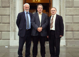 Francie Brolly, Aengus Ó Snodaigh and Barry McElduff outside Leinster House