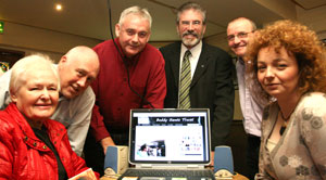 LAUNCH: Marie Moore, Danny Morrison, Brendan 'Bik' McFarlane, Gerry Adams, Jim Gibney and Caral Ní  Chuilín in the Felons' Club to unveil the website