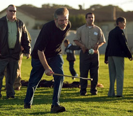 Sinn Féin President Gerry Adams plays hurling at the new GAA grounds on Treasure Island in San Francisco