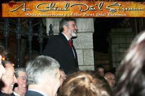 FULL HOUSE:  Gerry Adams addressing the people who could not fit in to the packed Mansion House event